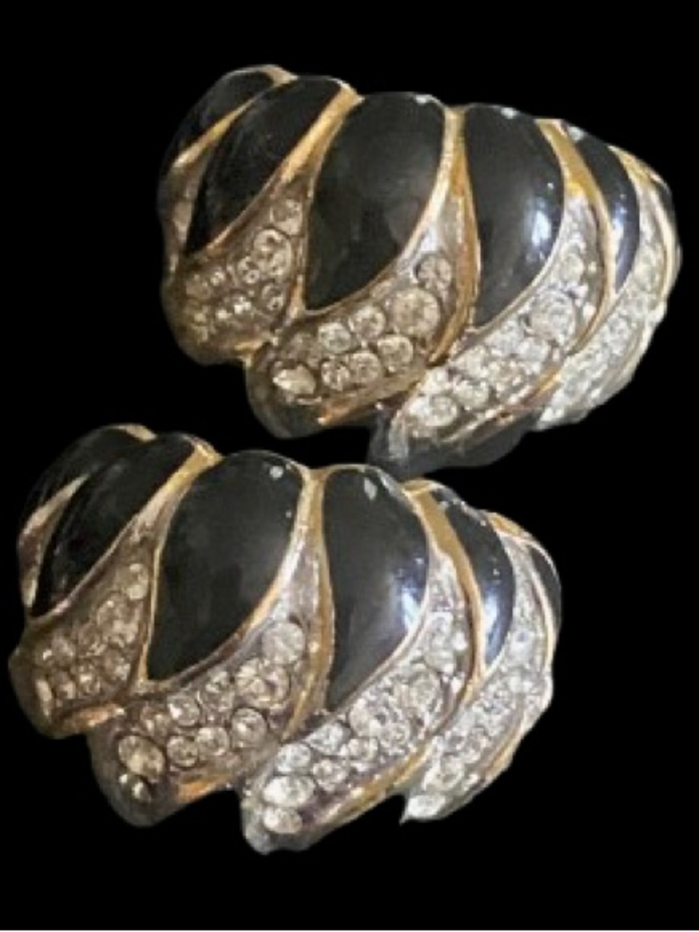 Vtg Gold Tone Metal Black Enamel Pavé Rhinestones or Crystals Clip-On Earrings